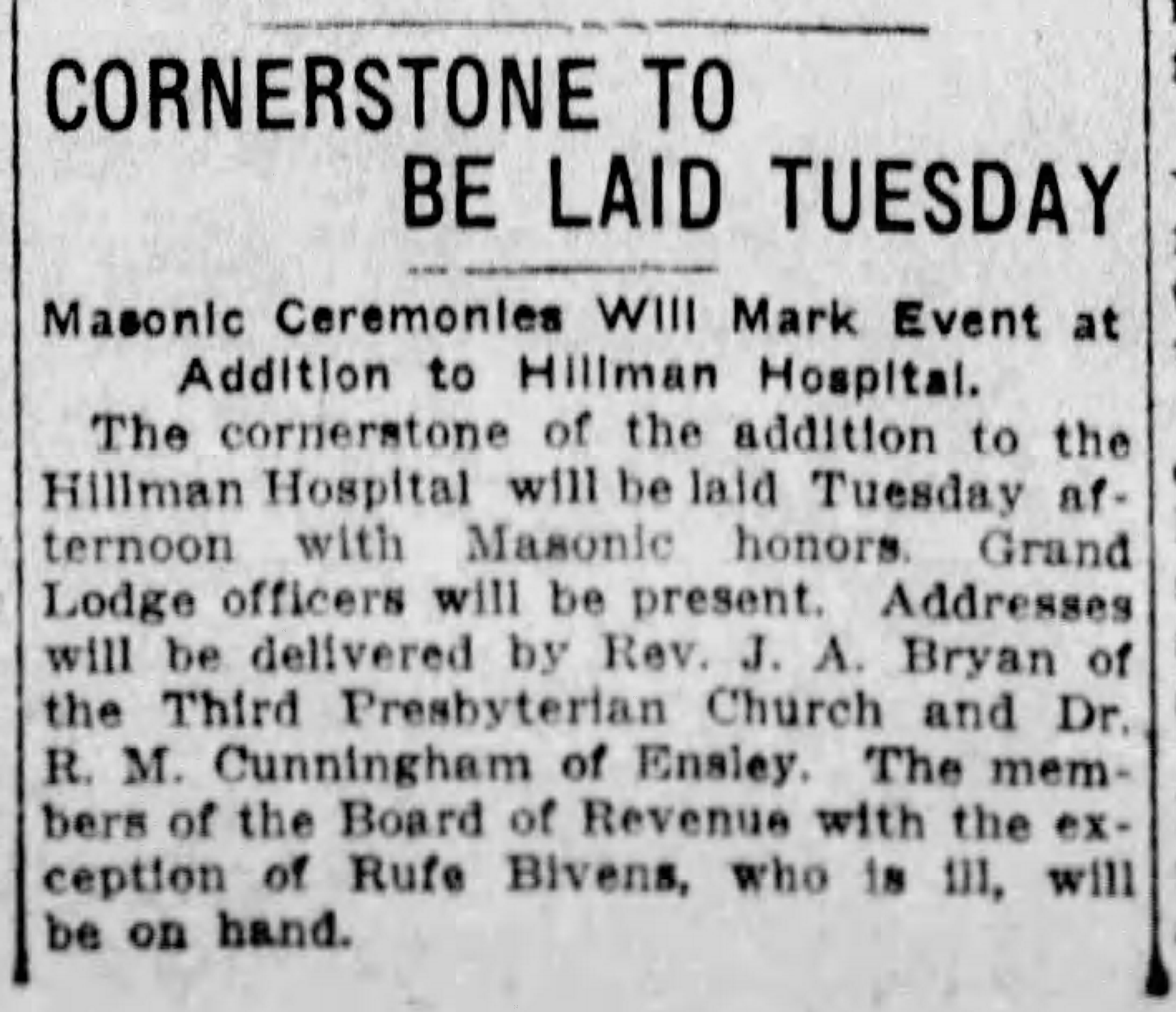 Cornerstone To Be Laid Tuesday